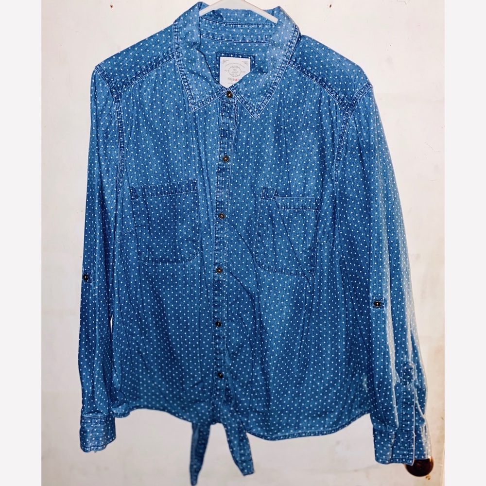 Style&Co blue and white polka dotted button up top